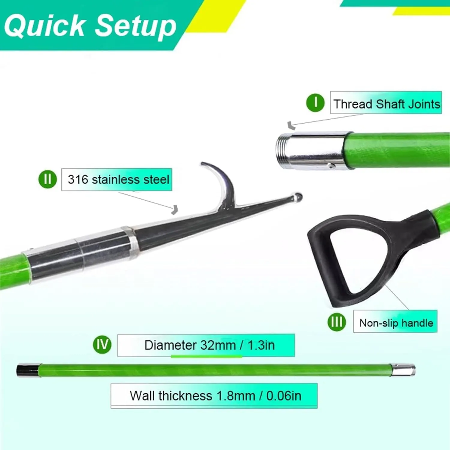 Katzowen Green Docking Rod Hooks with Nylon Handle, Pushing Pulling Boat Pole for Water Rescue, Heavy Duty Cargo Grabber Reach Retriever Tool/Emergency Rescue Equipment
