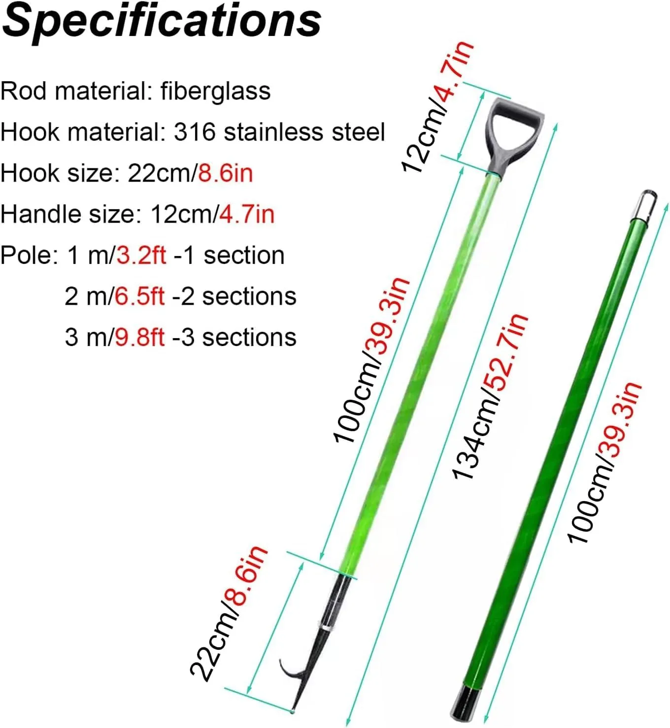 Katzowen Green Docking Rod Hooks with Nylon Handle, Pushing Pulling Boat Pole for Water Rescue, Heavy Duty Cargo Grabber Reach Retriever Tool/Emergency Rescue Equipment