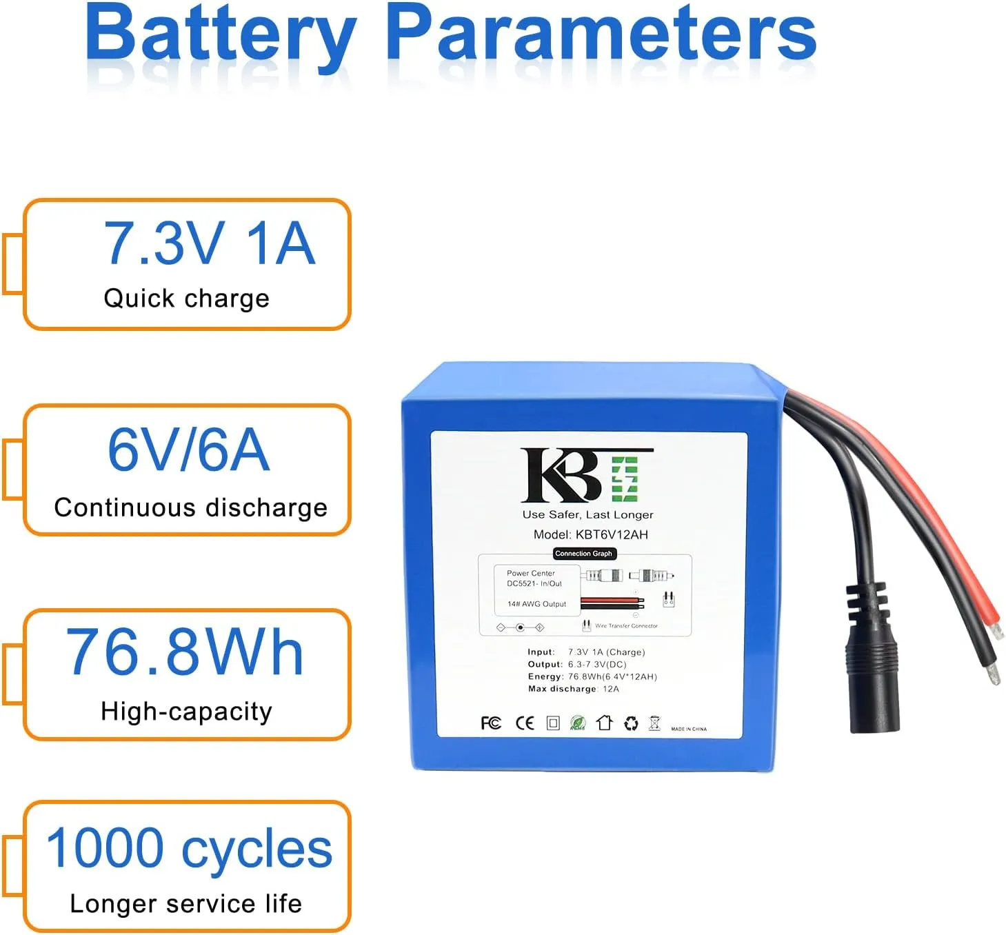 KBT 6V 12Ah LiFePO4 Replacement Battery, Small Size with Charger, Charging Cable, Cable Connector for Kids Ride On Toys, Lantern Lights, Streamlight Litebox, Home Security Alarm System Backup