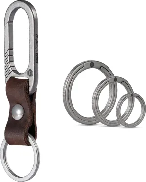 KeyUnity KM02 Belt Clip Carabiner Leather Keychain & KA02 Titanium Alloy Flat Key Ring 3 Pcs Set Bundle