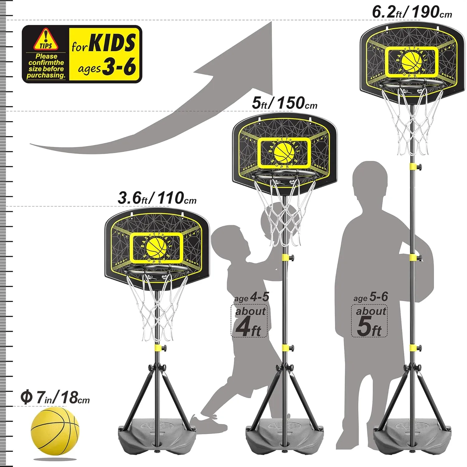 Kids Basketball Hoop for Boys Girls Adjustable Height 3.6 ft-6.2 ft Toddler Basketball Goals Indoor Outdoor Little Kids Basketball Hoop Toys for 3 4 5 6 7 8 Year Old Birthday Gift