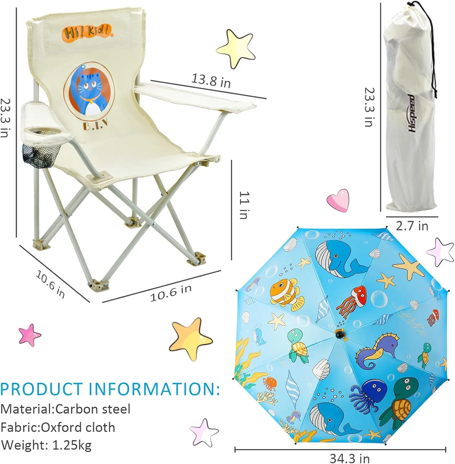Kids Beach Folding Camping Chair - Kids Camping Chair with Outdoor Umbrella - Lightweight and Sturdy - for Beach Outdoor Camping Picnic (Blue)