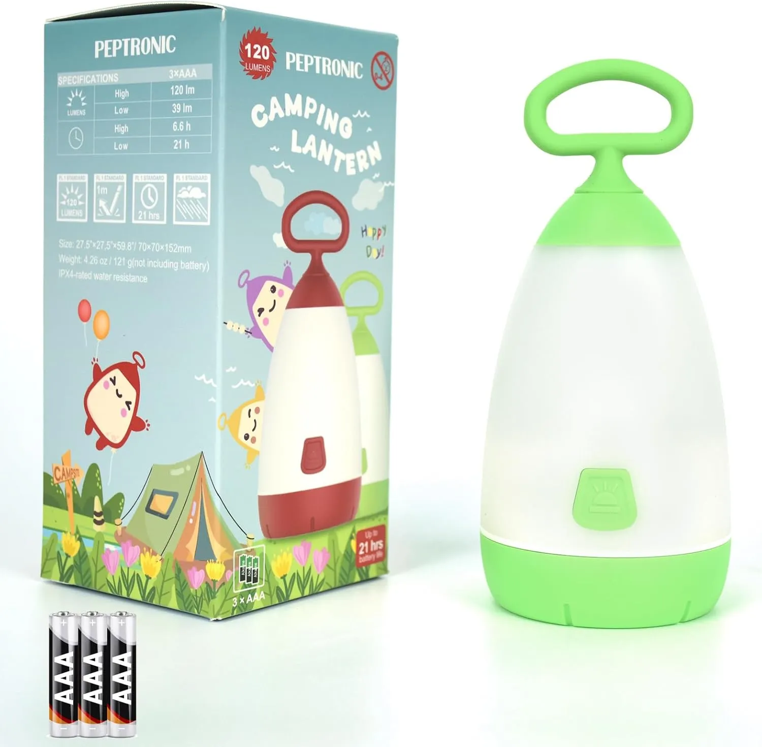 Kids Camping Lantern & Night Light Battery Powered (AAA Included), 360° Eye-Safe Light, IPX4 Waterproof with RGB Modes Portable for Outdoor, Emergency & Bedtime, Gift for Children (Green)