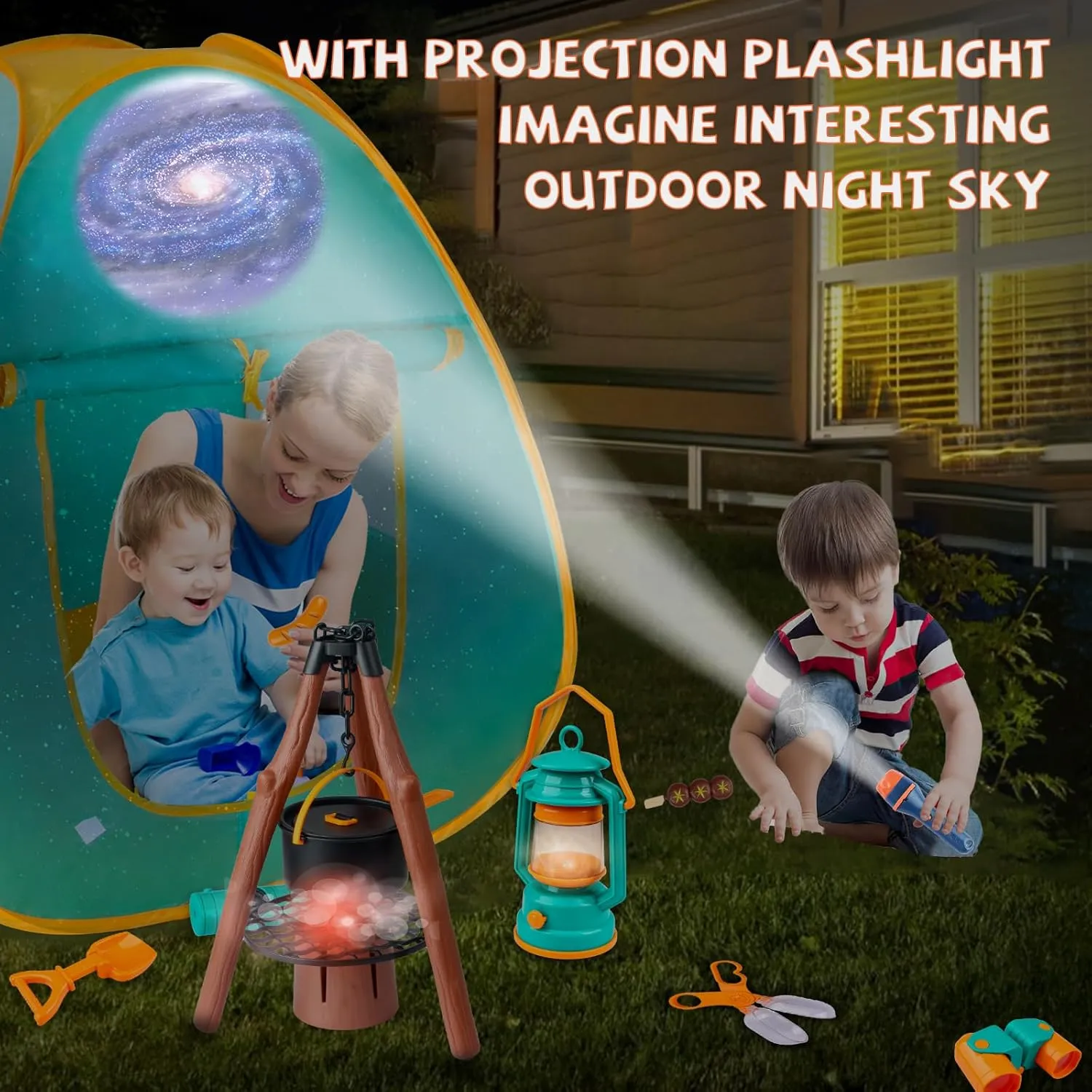 Kids Camping Set 50pcs with Folding Storage Table/Tent & Children’s Projector Flashlight- Outdoor Campfire Toy Set for Toddlers Kids - Pretend Play Camp Gear Tools for Birthday Christmas