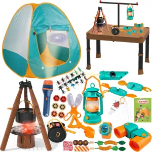 Kids Camping Set 50pcs with Folding Storage Table/Tent & Children’s Projector Flashlight- Outdoor Campfire Toy Set for Toddlers Kids - Pretend Play Camp Gear Tools for Birthday Christmas