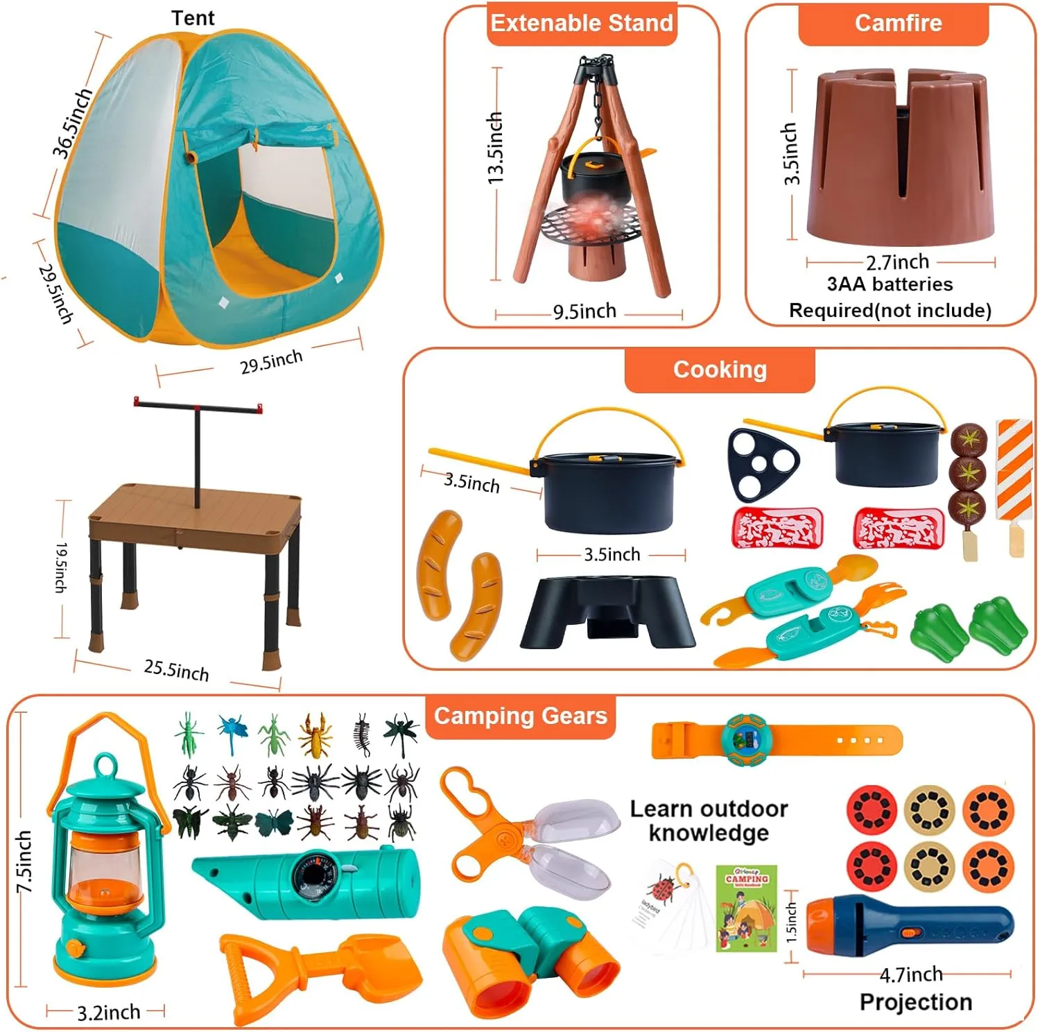 Kids Camping Set 50pcs with Folding Storage Table/Tent & Children’s Projector Flashlight- Outdoor Campfire Toy Set for Toddlers Kids - Pretend Play Camp Gear Tools for Birthday Christmas