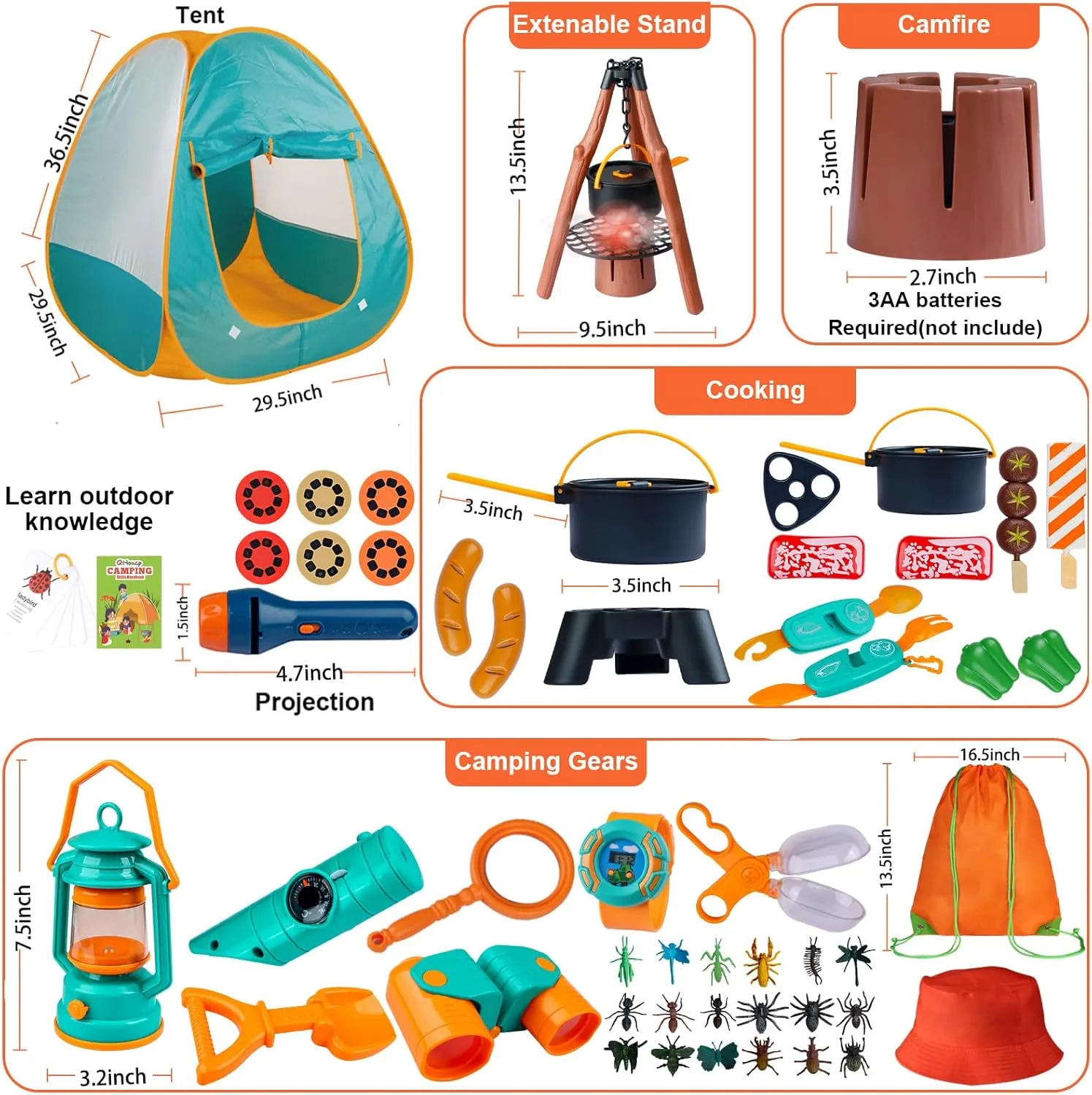 Kids Camping Set 50pcs with Tent & Space Projector Flashlight- Outdoor Campfire Toy Set for Toddlers Kids - Pretend Play Camp Gear Tools for Birthday Christmas