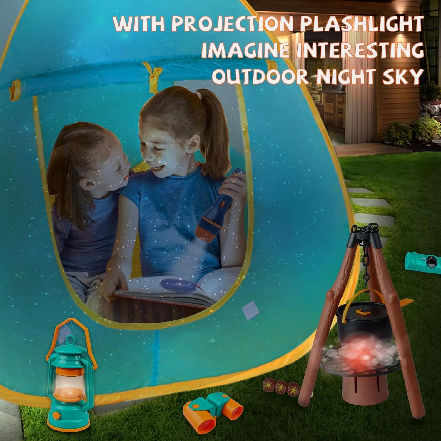 Kids Camping Set 50pcs with Tent & Space Projector Flashlight- Outdoor Campfire Toy Set for Toddlers Kids - Pretend Play Camp Gear Tools for Birthday Christmas