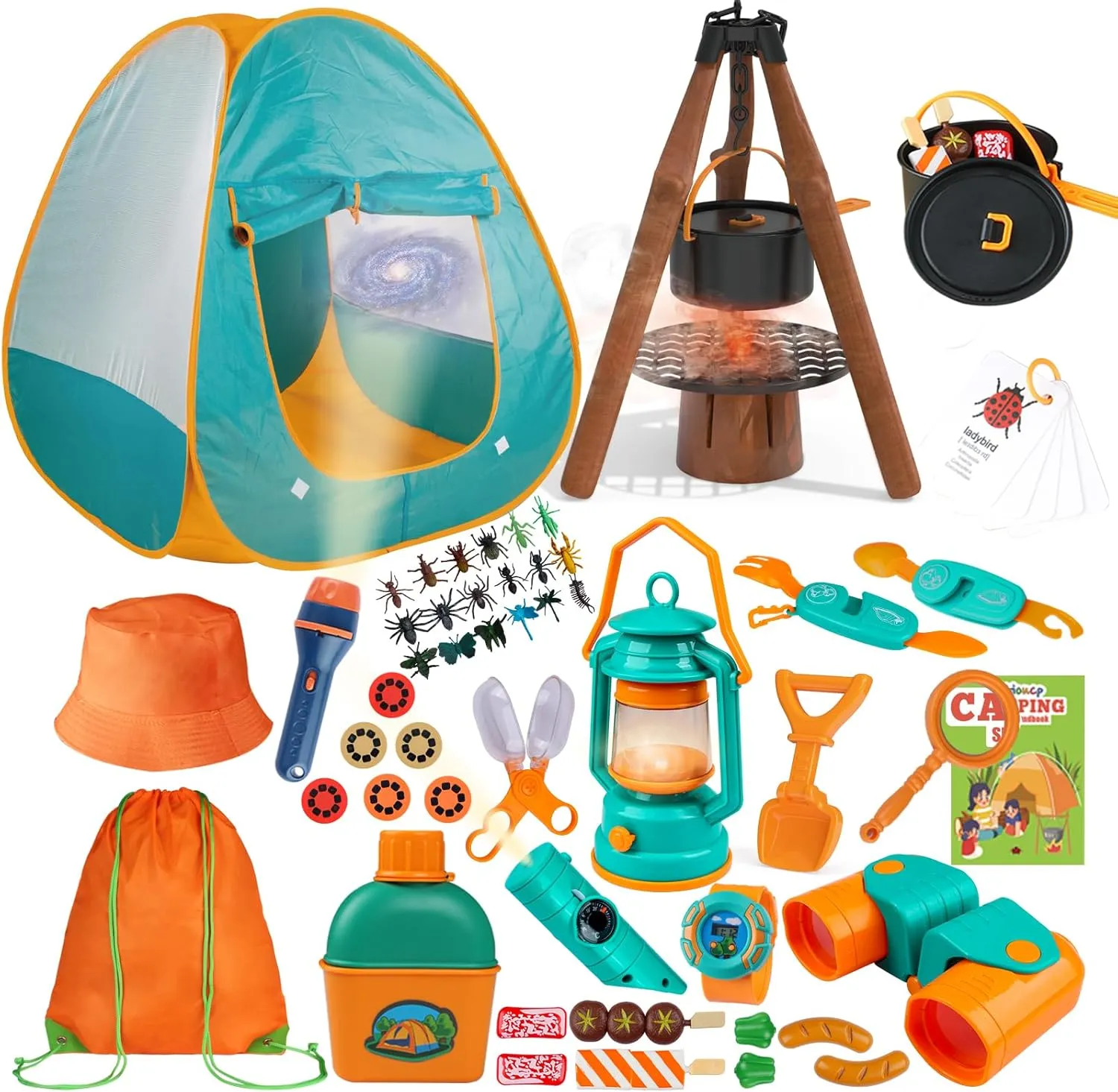 Kids Camping Set 50pcs with Tent & Space Projector Flashlight- Outdoor Campfire Toy Set for Toddlers Kids - Pretend Play Camp Gear Tools for Birthday Christmas