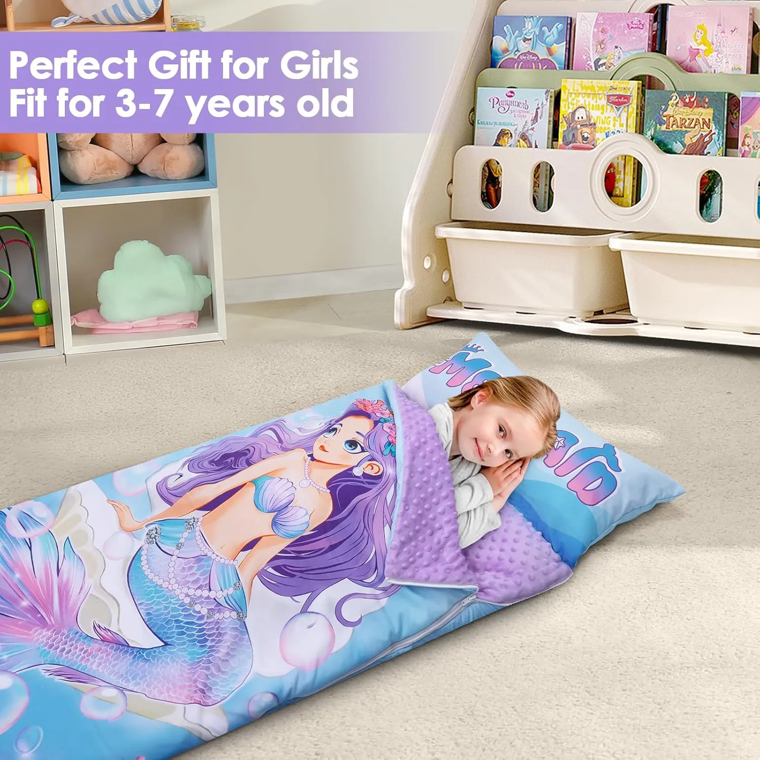 Kids Sleeping Bag Toddler Nap Mat with Removable Pillow, Large Foldable Sleeping Bag for Girls Boys, Easy Clean Slumber Bag with Double Zip for Camping School Preschool Daycare, 59×24 inch