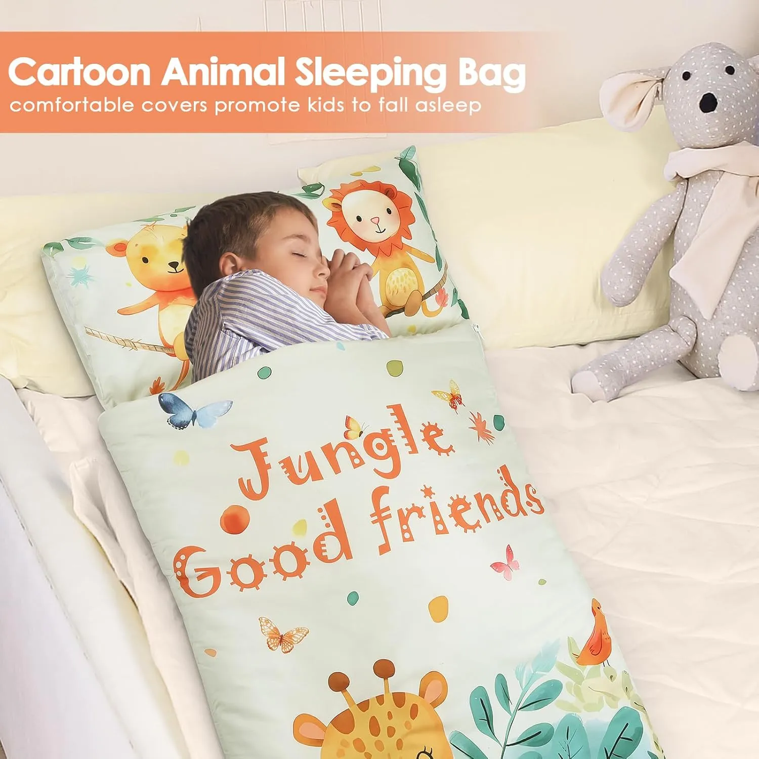 Kids Sleeping Bag Toddler Nap Mat with Removable Pillow, Large Foldable Sleeping Bag for Girls Boys, Easy Clean Slumber Bag with Double Zip for Camping School Preschool Daycare, 59×24 inch