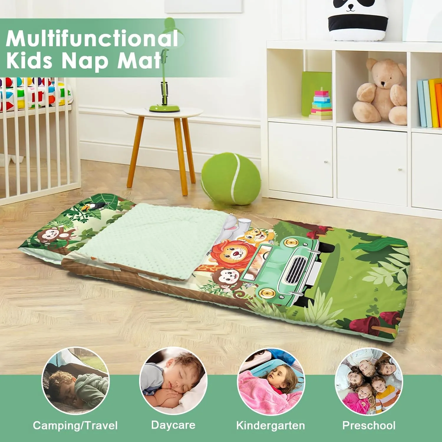 Kids Sleeping Bag Toddler Nap Mat with Removable Pillow, Large Foldable Sleeping Bag for Girls Boys, Easy Clean Slumber Bag with Double Zip for Camping School Preschool Daycare, 59×24 inch