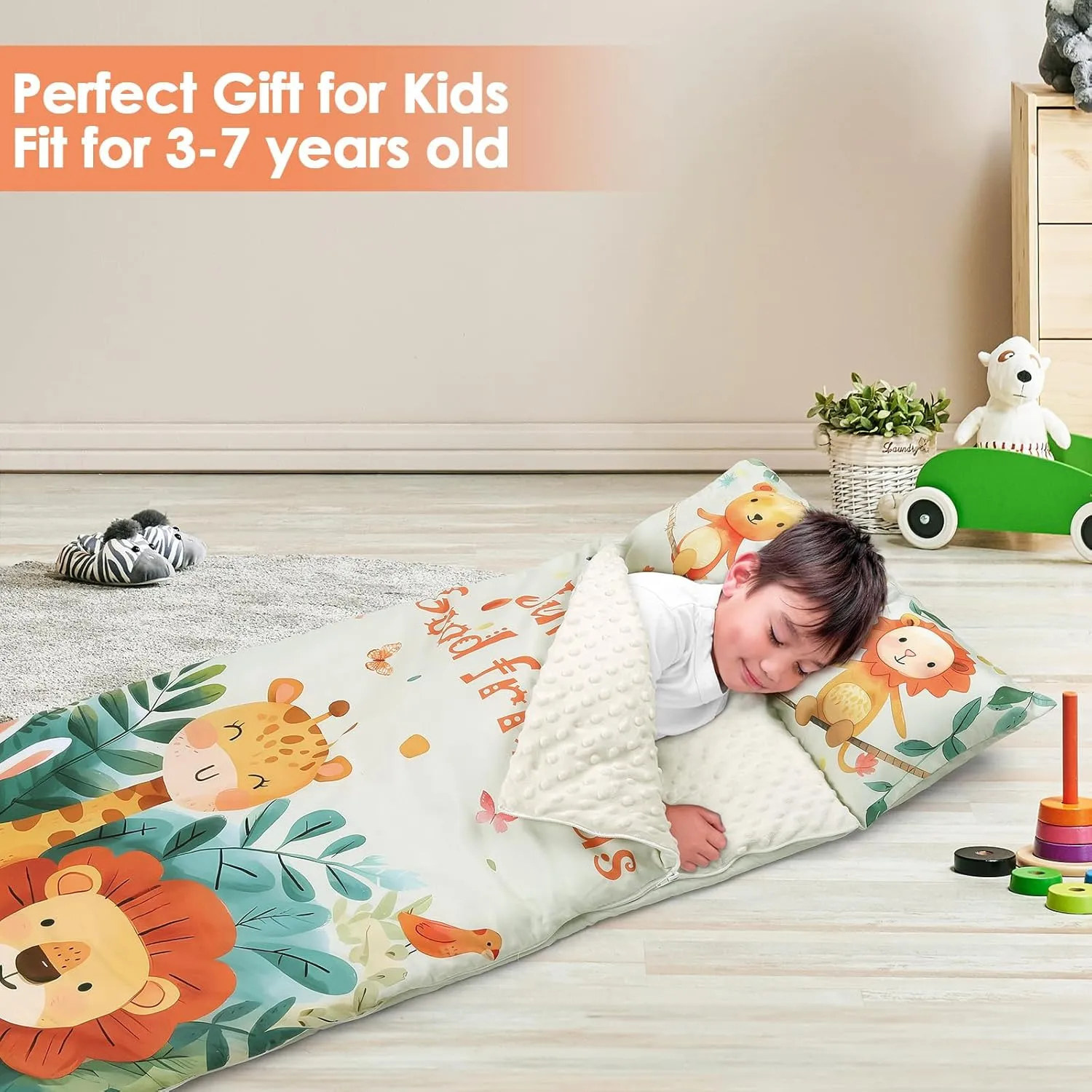 Kids Sleeping Bag Toddler Nap Mat with Removable Pillow, Large Foldable Sleeping Bag for Girls Boys, Easy Clean Slumber Bag with Double Zip for Camping School Preschool Daycare, 59×24 inch
