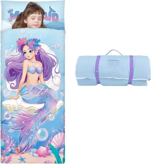 Kids Sleeping Bag Toddler Nap Mat with Removable Pillow, Large Foldable Sleeping Bag for Girls Boys, Easy Clean Slumber Bag with Double Zip for Camping School Preschool Daycare, 59×24 inch