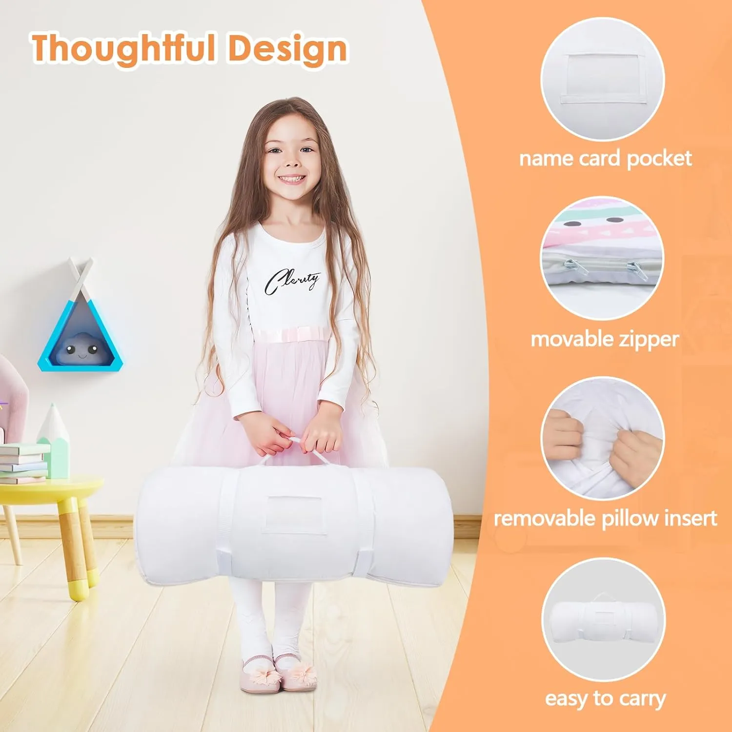 Kids Sleeping Bag Toddler Nap Mat with Removable Pillow, Large Foldable Sleeping Bag for Girls Boys, Easy Clean Slumber Bag with Double Zip for Camping School Preschool Daycare, 59×24 inch