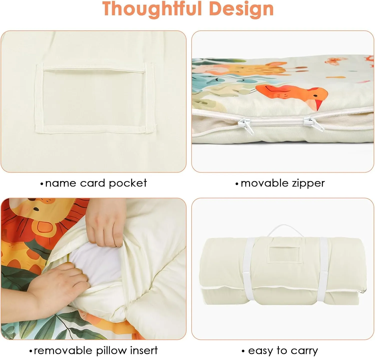 Kids Sleeping Bag Toddler Nap Mat with Removable Pillow, Large Foldable Sleeping Bag for Girls Boys, Easy Clean Slumber Bag with Double Zip for Camping School Preschool Daycare, 59×24 inch