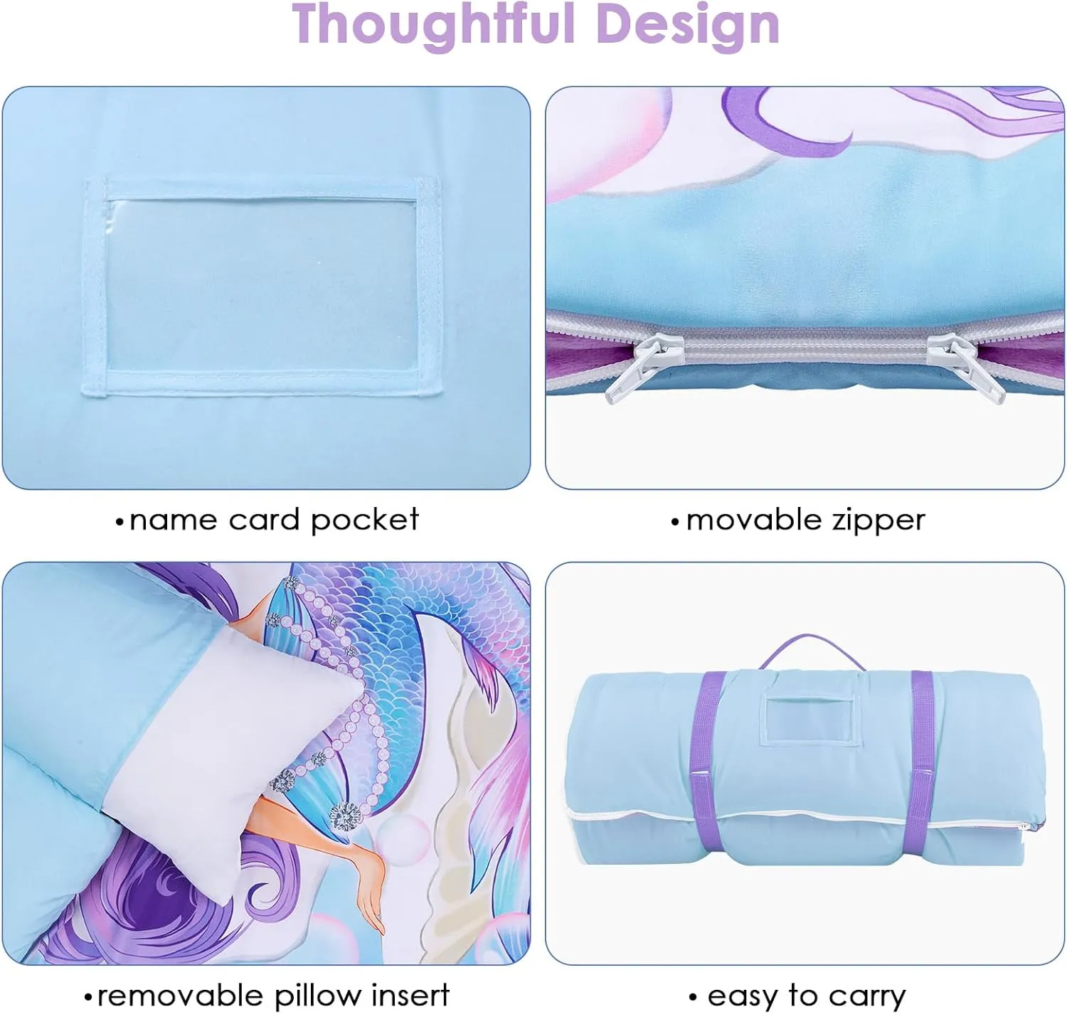 Kids Sleeping Bag Toddler Nap Mat with Removable Pillow, Large Foldable Sleeping Bag for Girls Boys, Easy Clean Slumber Bag with Double Zip for Camping School Preschool Daycare, 59×24 inch