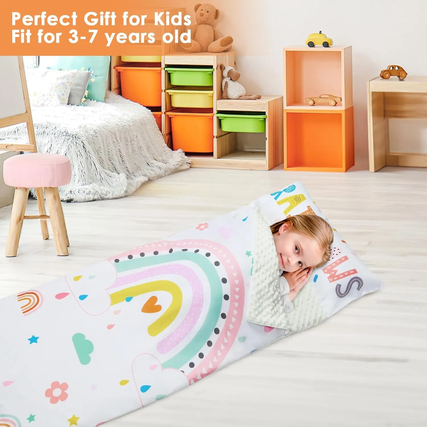 Kids Sleeping Bag Toddler Nap Mat with Removable Pillow, Large Foldable Sleeping Bag for Girls Boys, Easy Clean Slumber Bag with Double Zip for Camping School Preschool Daycare, 59×24 inch