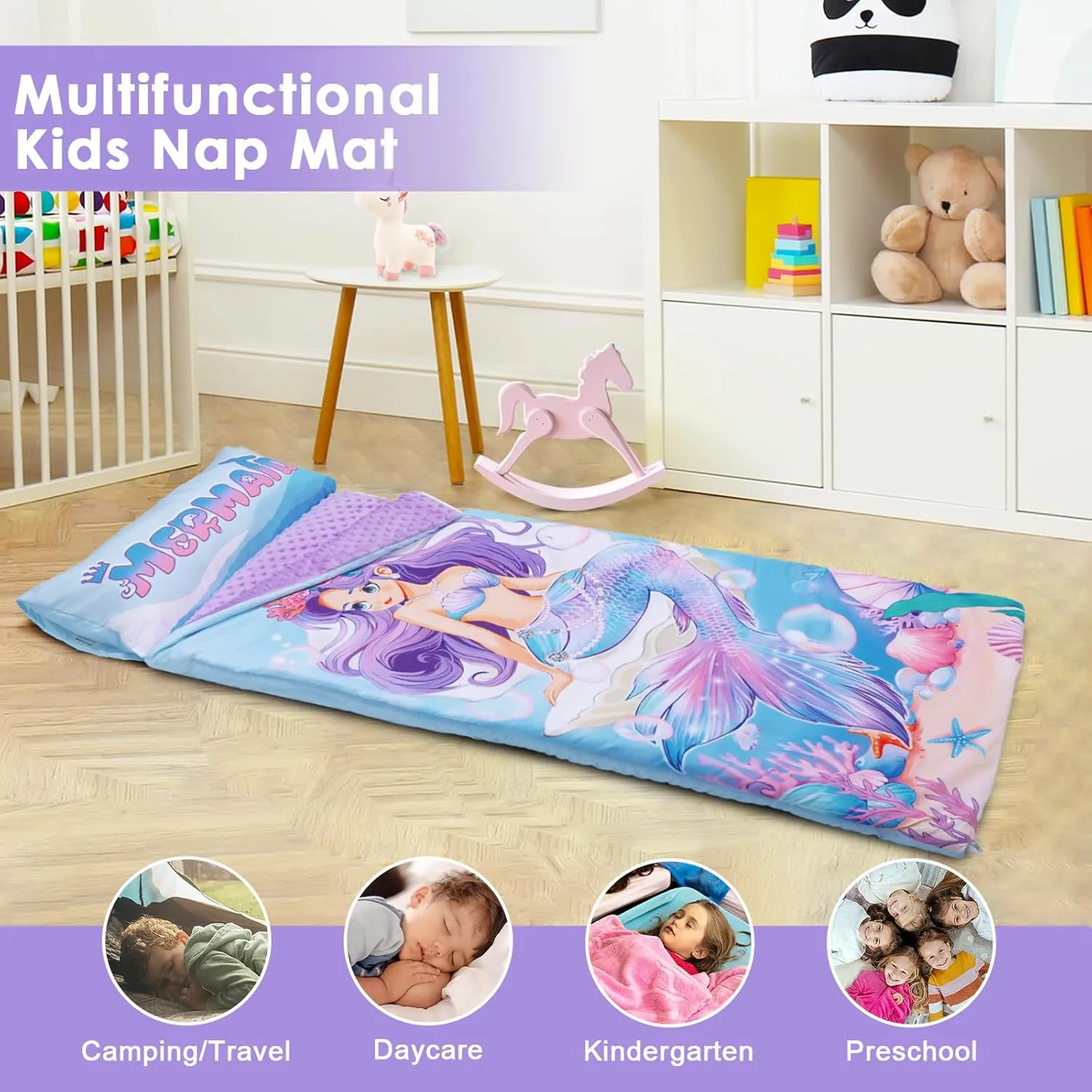 Kids Sleeping Bag Toddler Nap Mat with Removable Pillow, Large Foldable Sleeping Bag for Girls Boys, Easy Clean Slumber Bag with Double Zip for Camping School Preschool Daycare, 59×24 inch