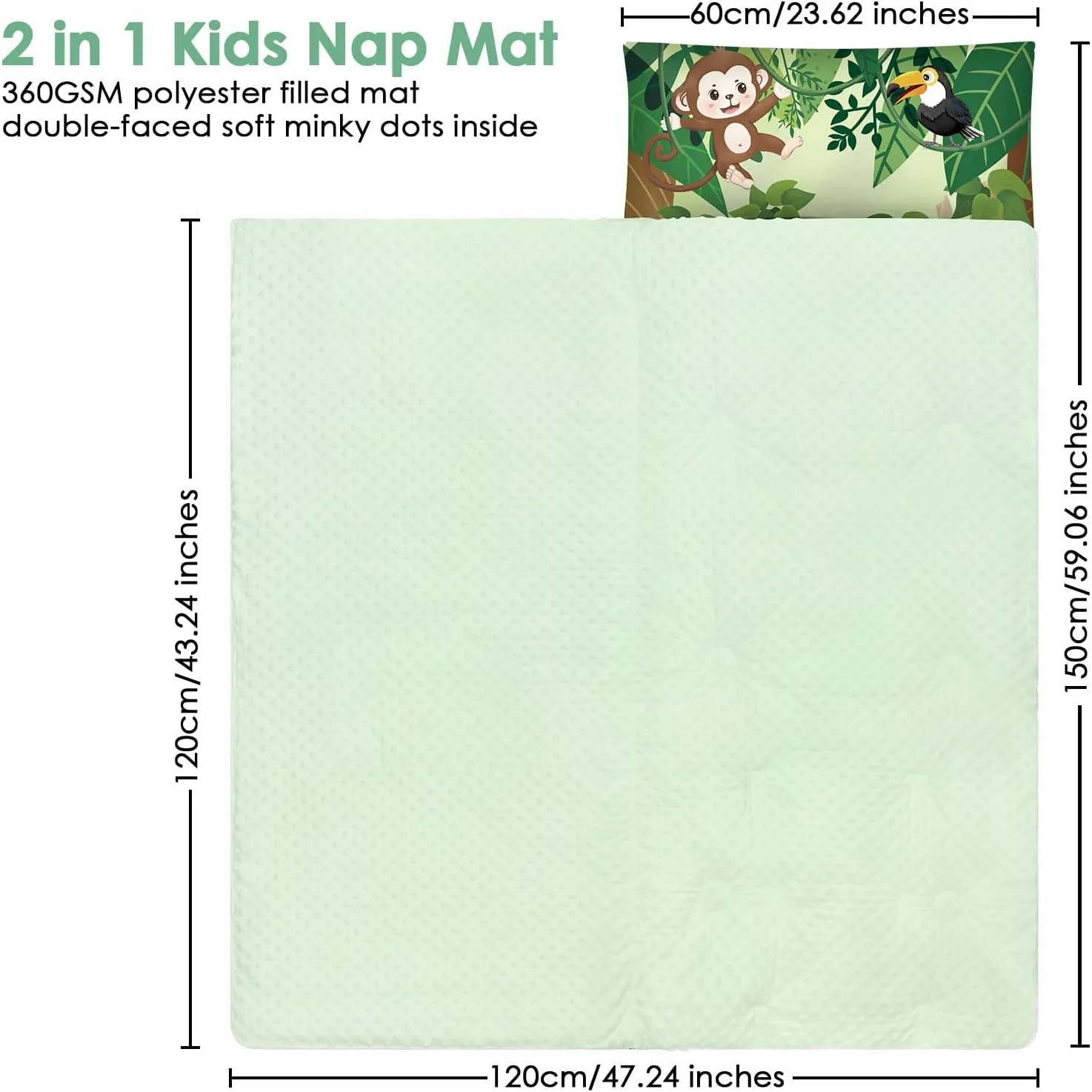 Kids Sleeping Bag Toddler Nap Mat with Removable Pillow, Large Foldable Sleeping Bag for Girls Boys, Easy Clean Slumber Bag with Double Zip for Camping School Preschool Daycare, 59×24 inch