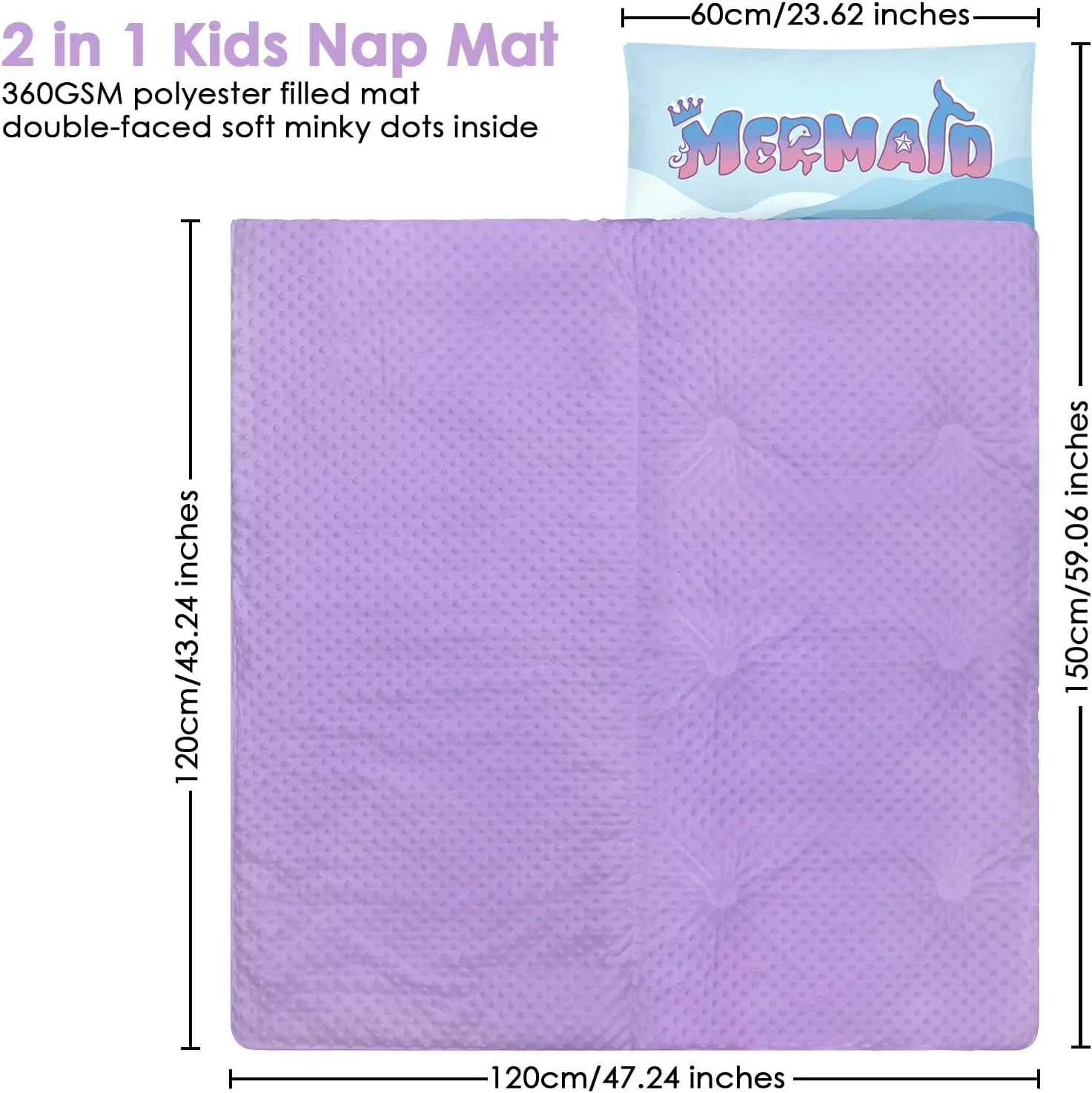 Kids Sleeping Bag Toddler Nap Mat with Removable Pillow, Large Foldable Sleeping Bag for Girls Boys, Easy Clean Slumber Bag with Double Zip for Camping School Preschool Daycare, 59×24 inch