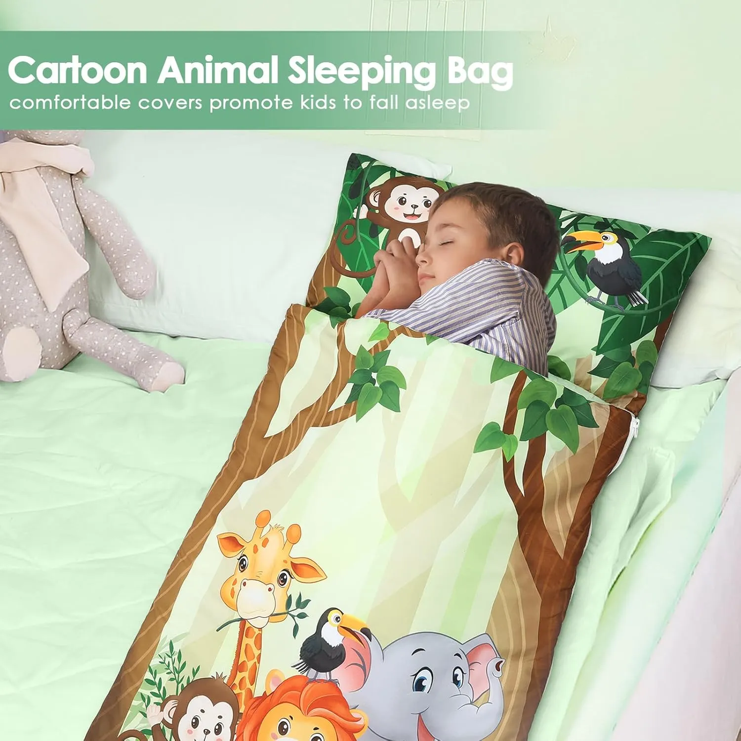 Kids Sleeping Bag Toddler Nap Mat with Removable Pillow, Large Foldable Sleeping Bag for Girls Boys, Easy Clean Slumber Bag with Double Zip for Camping School Preschool Daycare, 59×24 inch