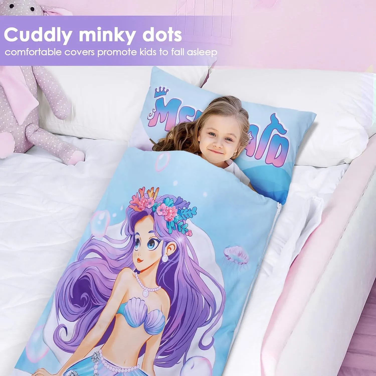 Kids Sleeping Bag Toddler Nap Mat with Removable Pillow, Large Foldable Sleeping Bag for Girls Boys, Easy Clean Slumber Bag with Double Zip for Camping School Preschool Daycare, 59×24 inch