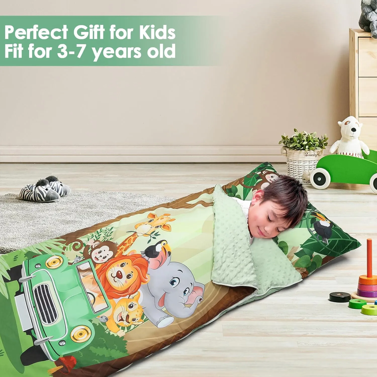Kids Sleeping Bag Toddler Nap Mat with Removable Pillow, Large Foldable Sleeping Bag for Girls Boys, Easy Clean Slumber Bag with Double Zip for Camping School Preschool Daycare, 59×24 inch