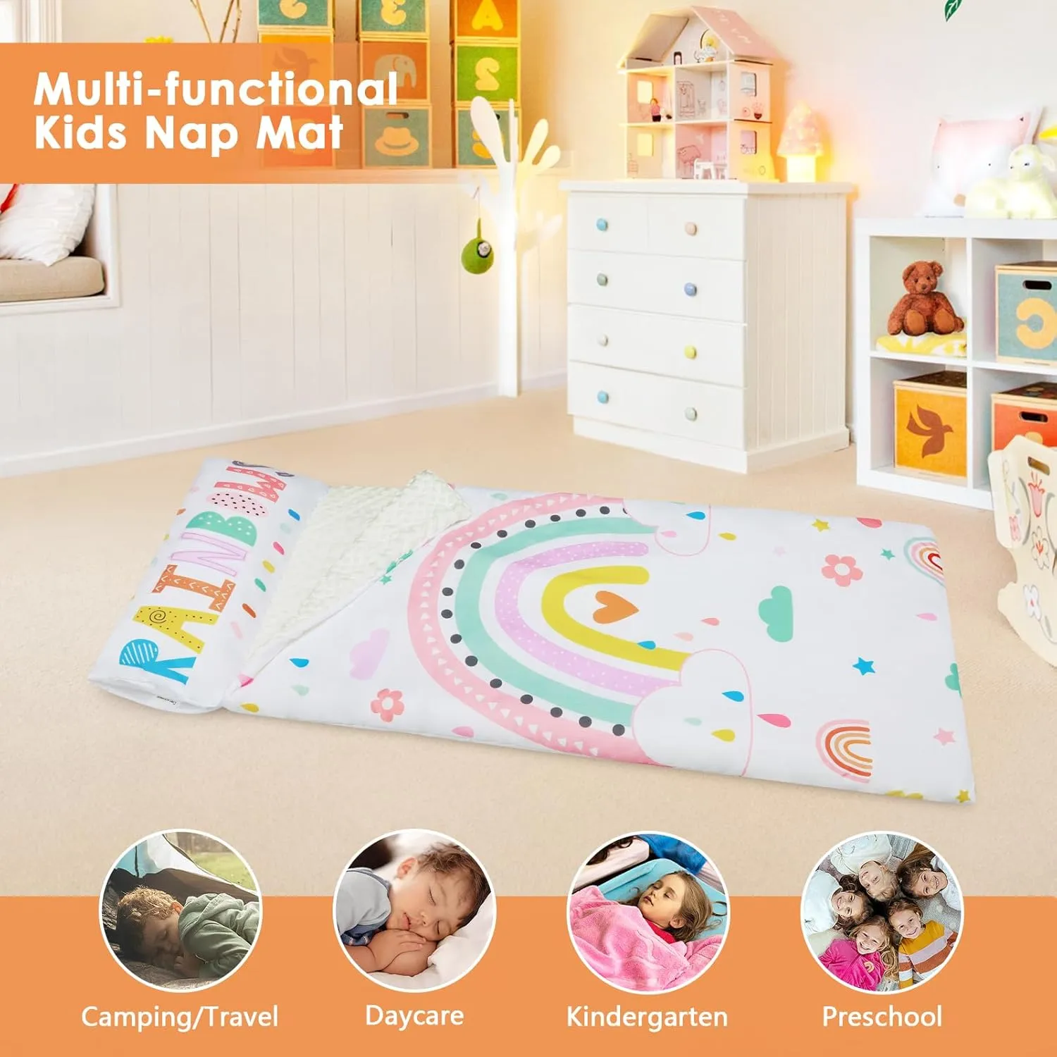 Kids Sleeping Bag Toddler Nap Mat with Removable Pillow, Large Foldable Sleeping Bag for Girls Boys, Easy Clean Slumber Bag with Double Zip for Camping School Preschool Daycare, 59×24 inch