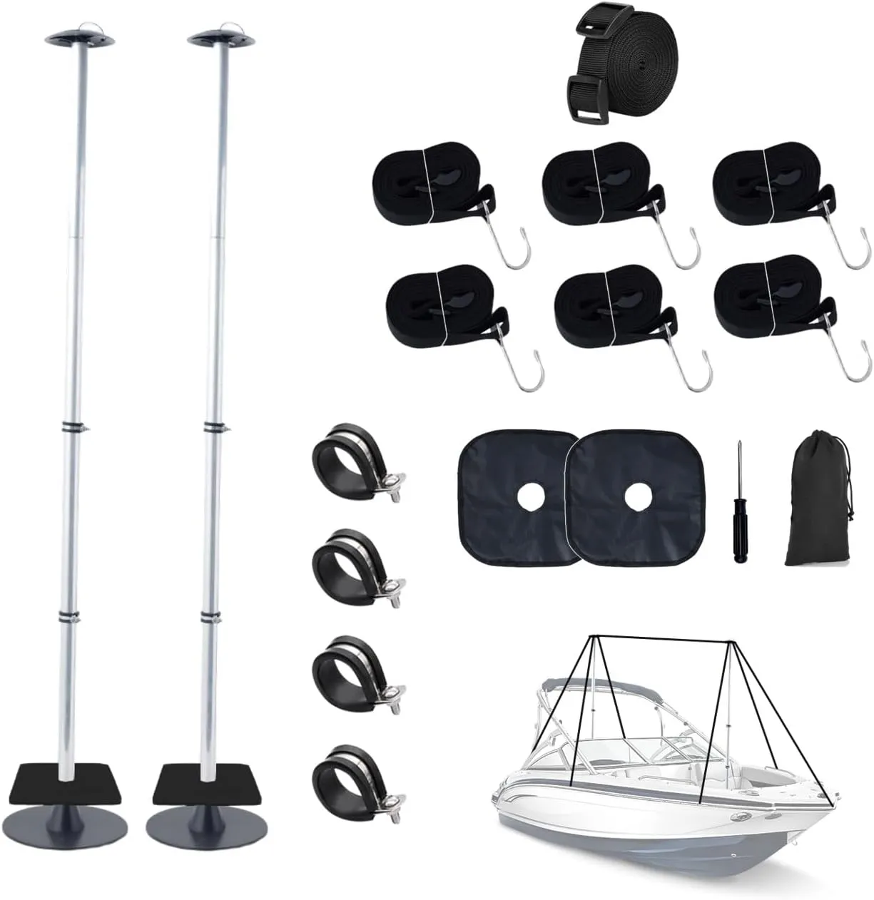 King Mills 2 Pack Boat Tarp Support Pole, Adjustable Aluminum Pontoon Boat Cover Support Poles, Boat Pole with Straps and Sandbags for Pontoon, Jon Boat, V Hull Boat