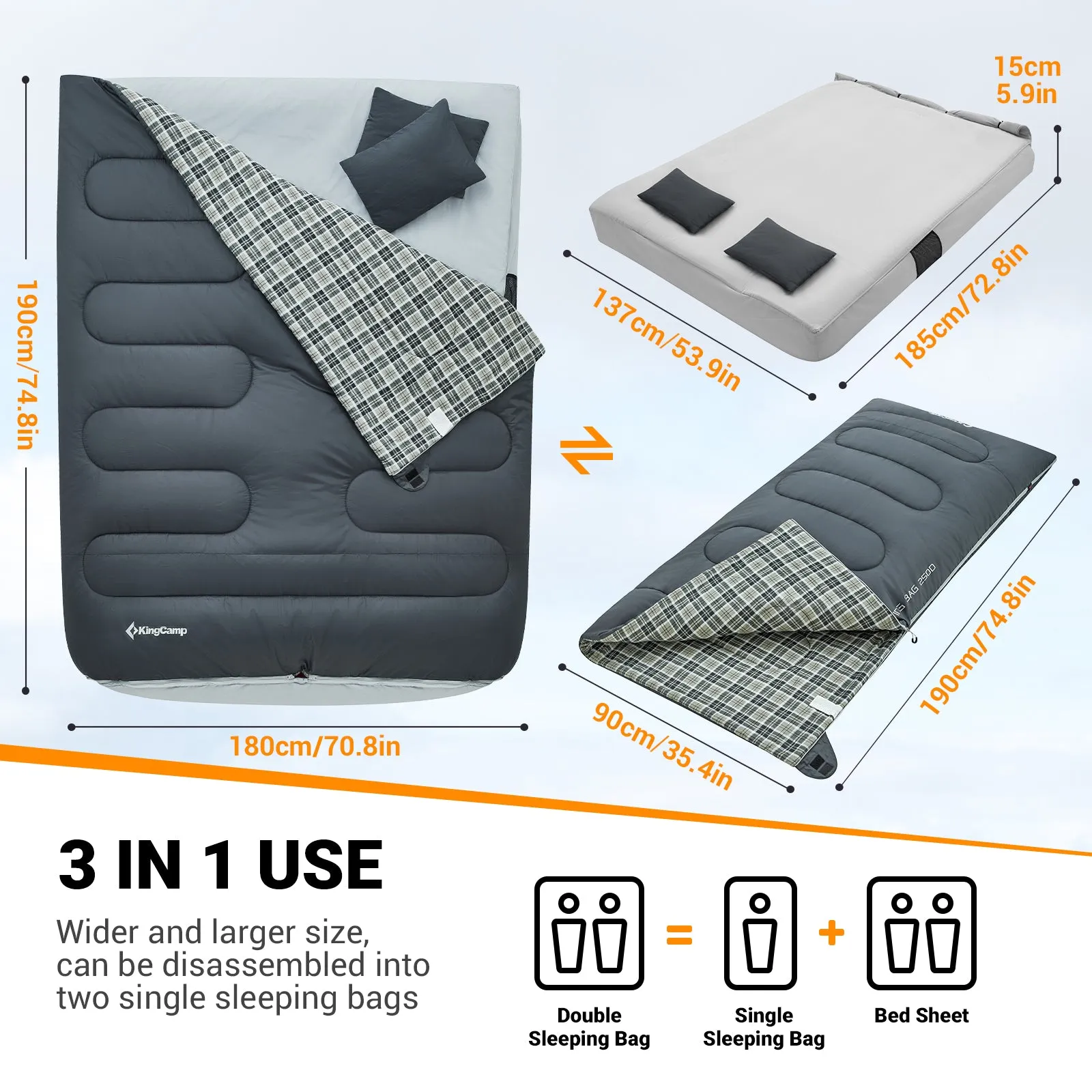 KingCamp AIRBED 3-in-1 Double Sleeping Bag with Pillows