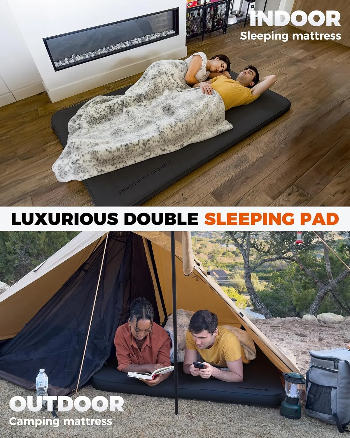 KingCamp Double Sleeping Pad, 2 Person Queen R 7.9 Self Inflating Sleeping Pad, 3" Ultra Thick Full Size Foam Mattress Mat with Pump Sack for Camping Outdoor Tent Car, PVC Free (Black)