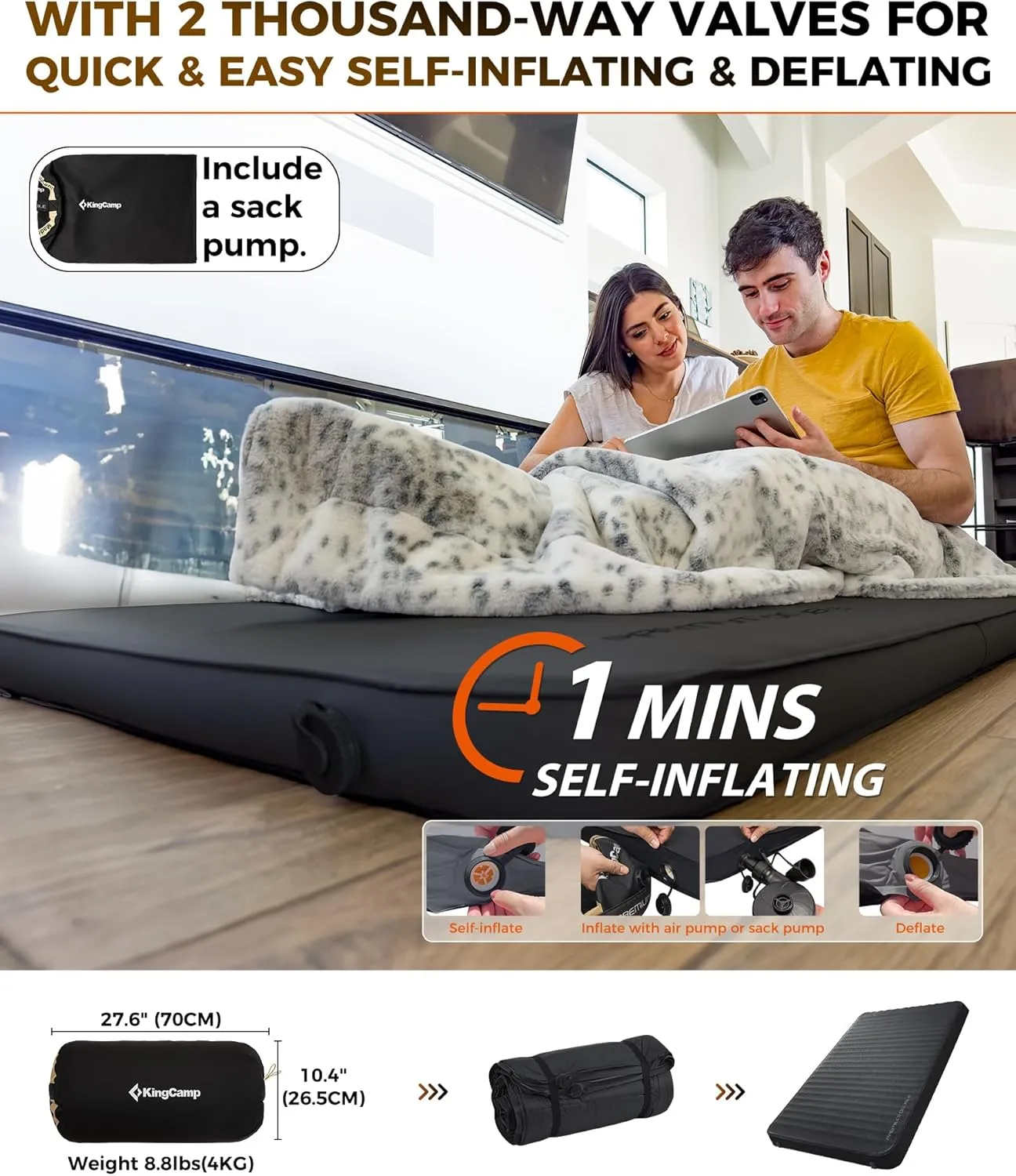KingCamp Double Sleeping Pad, 2 Person Queen R 7.9 Self Inflating Sleeping Pad, 3" Ultra Thick Full Size Foam Mattress Mat with Pump Sack for Camping Outdoor Tent Car, PVC Free (Black)