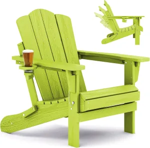 KINGYES Folding Adjustable Adirondack Chair, HDPE Reclining Adirondack Chair with Cup Holder, All Weather Use Oversize Adirondack Outdoor Chair, Apple Green