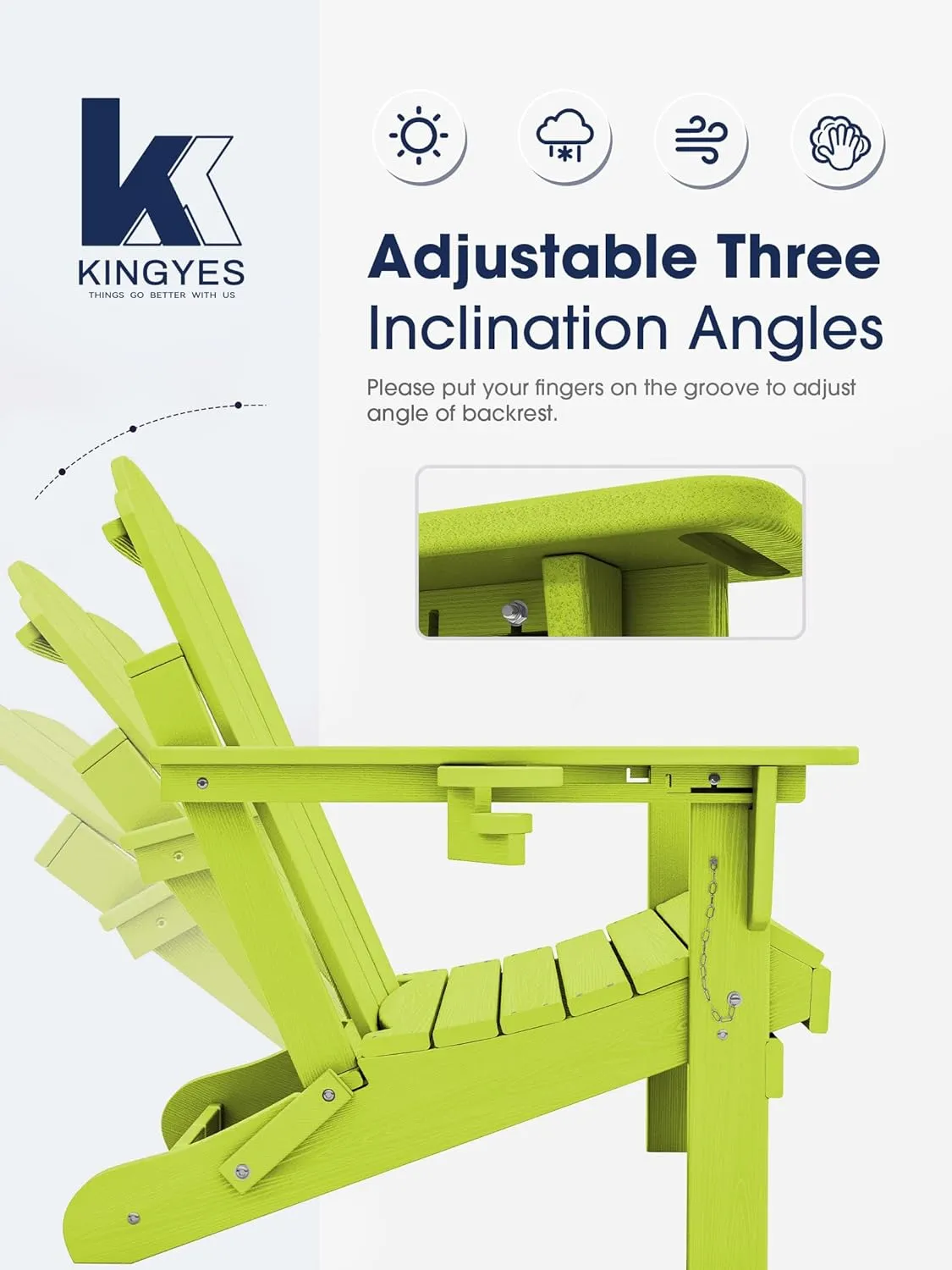 KINGYES Folding Adjustable Adirondack Chair, HDPE Reclining Adirondack Chair with Cup Holder, All Weather Use Oversize Adirondack Outdoor Chair, Apple Green