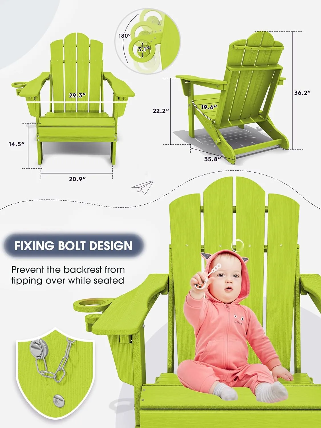KINGYES Folding Adjustable Adirondack Chair, HDPE Reclining Adirondack Chair with Cup Holder, All Weather Use Oversize Adirondack Outdoor Chair, Apple Green