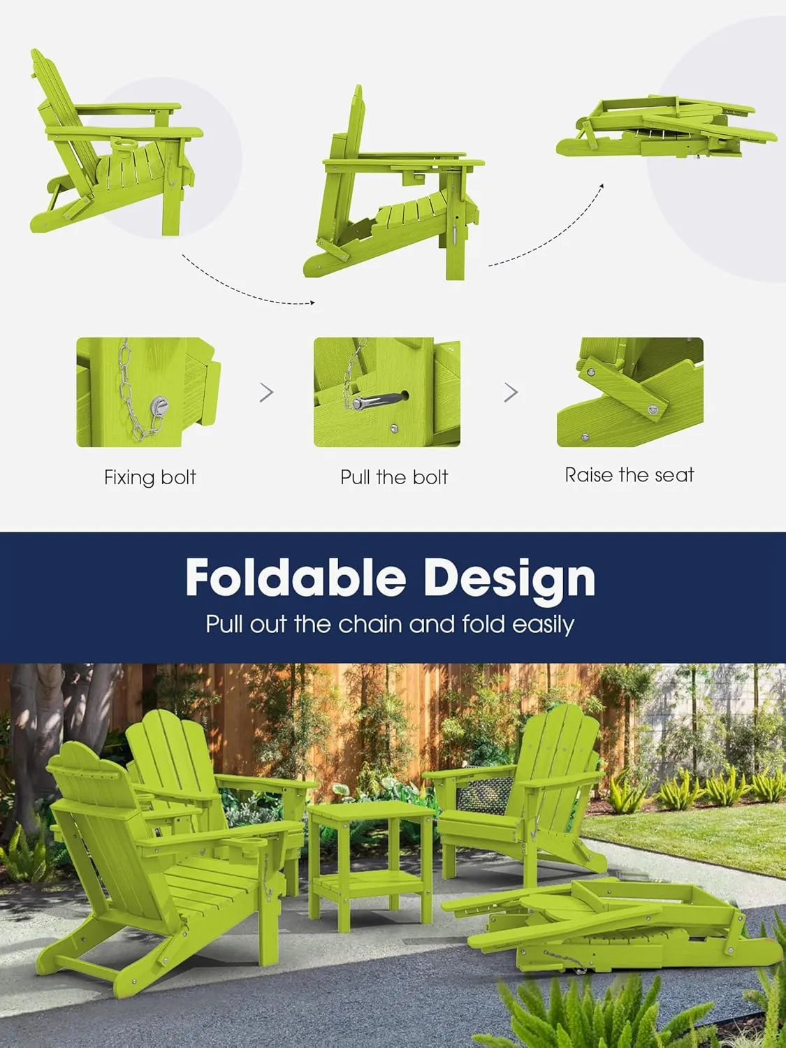 KINGYES Folding Adjustable Adirondack Chair, HDPE Reclining Adirondack Chair with Cup Holder, All Weather Use Oversize Adirondack Outdoor Chair, Apple Green