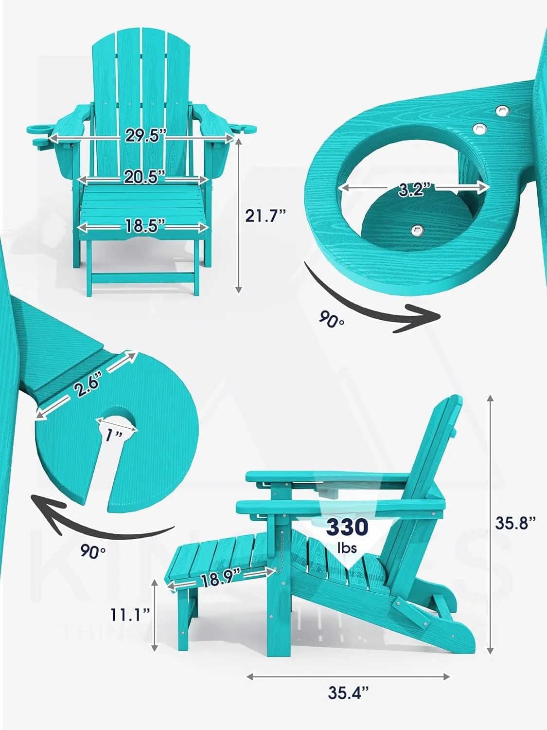 KINGYES Folding Adjustable Adirondack Chair with Ottoman & 2 Cup Holders, HDEP Multifunctional Adirondack Chair with Footrest, Aruba