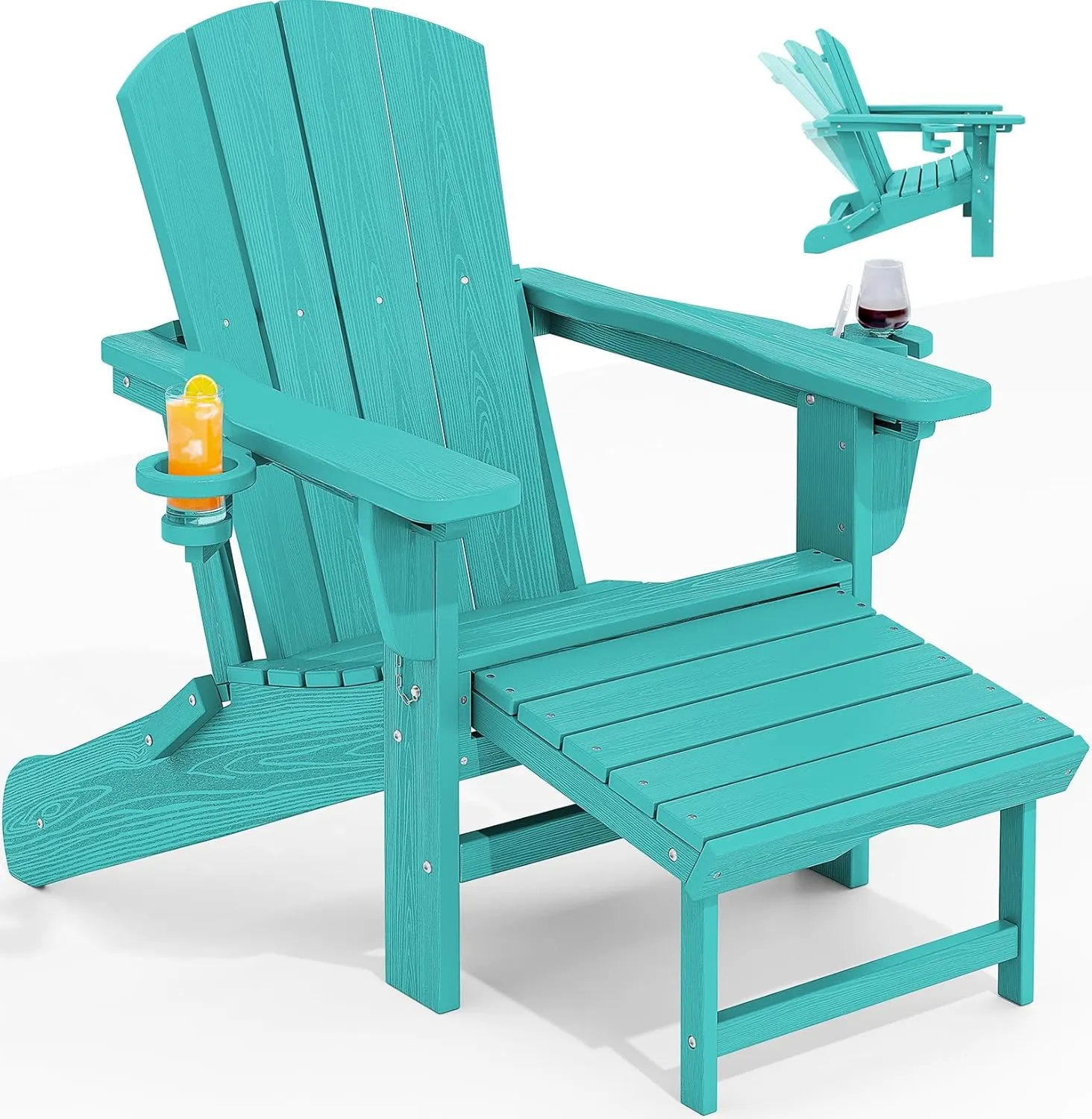 KINGYES Folding Adjustable Adirondack Chair with Ottoman & 2 Cup Holders, HDEP Multifunctional Adirondack Chair with Footrest, Aruba