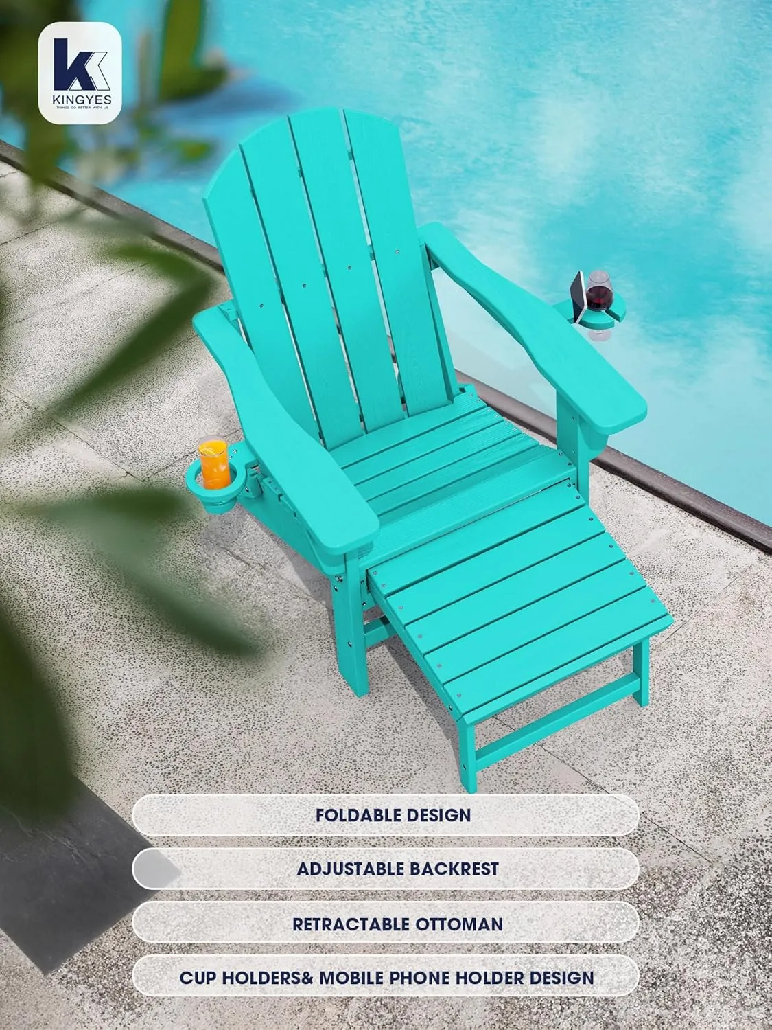 KINGYES Folding Adjustable Adirondack Chair with Ottoman & 2 Cup Holders, HDEP Multifunctional Adirondack Chair with Footrest, Aruba