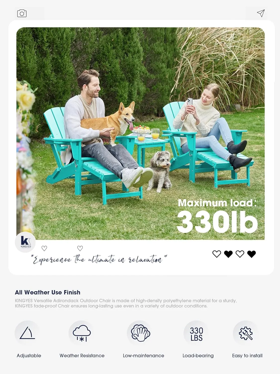 KINGYES Folding Adjustable Adirondack Chair with Ottoman & 2 Cup Holders, HDEP Multifunctional Adirondack Chair with Footrest, Aruba