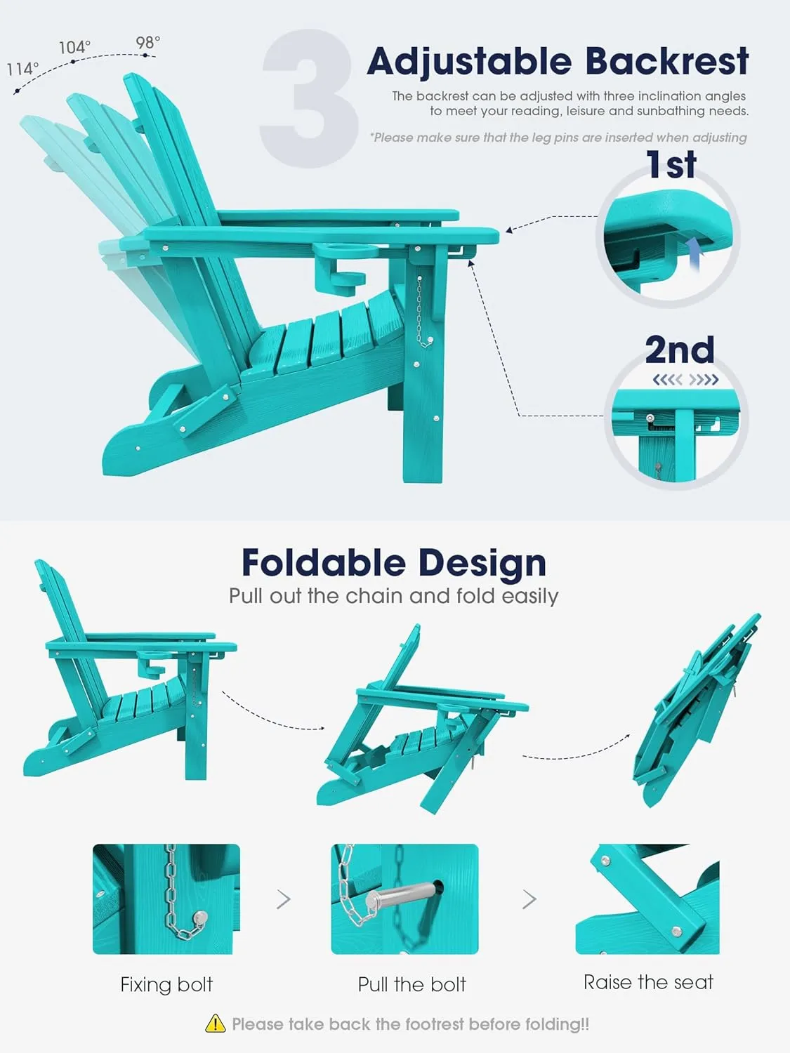 KINGYES Folding Adjustable Adirondack Chair with Ottoman & 2 Cup Holders, HDEP Multifunctional Adirondack Chair with Footrest, Aruba
