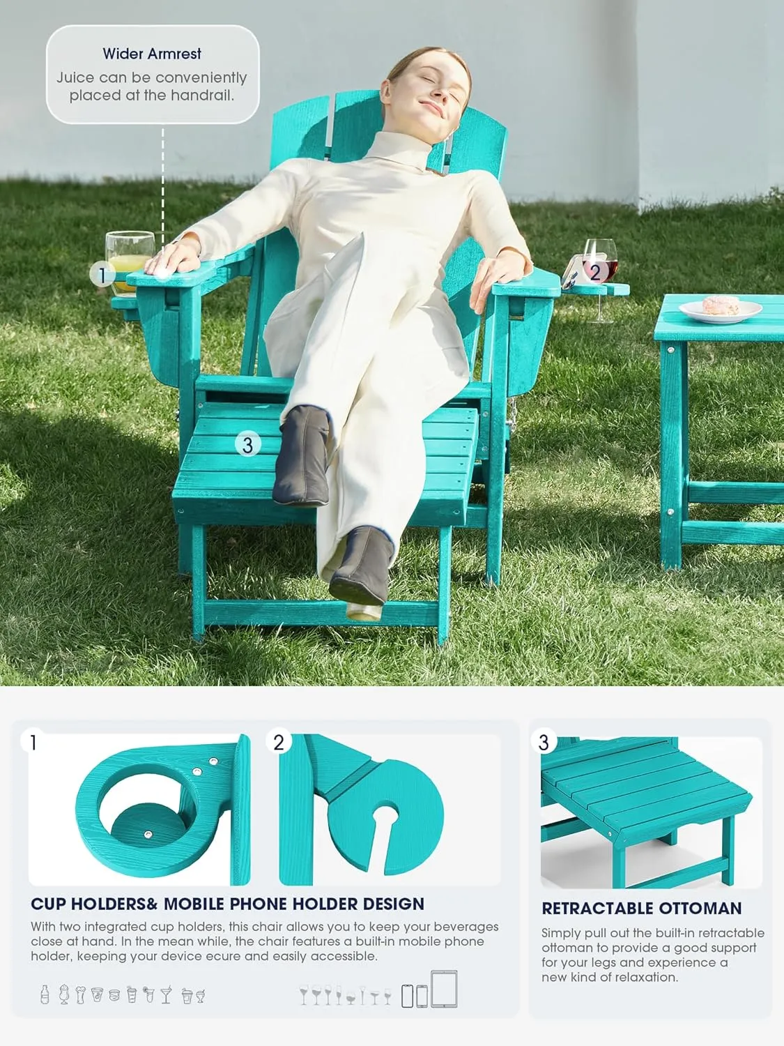 KINGYES Folding Adjustable Adirondack Chair with Ottoman & 2 Cup Holders, HDEP Multifunctional Adirondack Chair with Footrest, Aruba