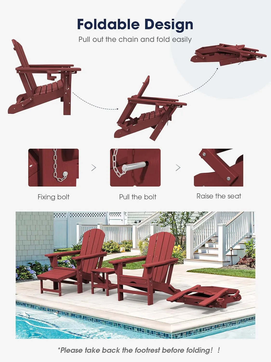 KINGYES Folding Adjustable Adirondack Chair with Ottoman, Red