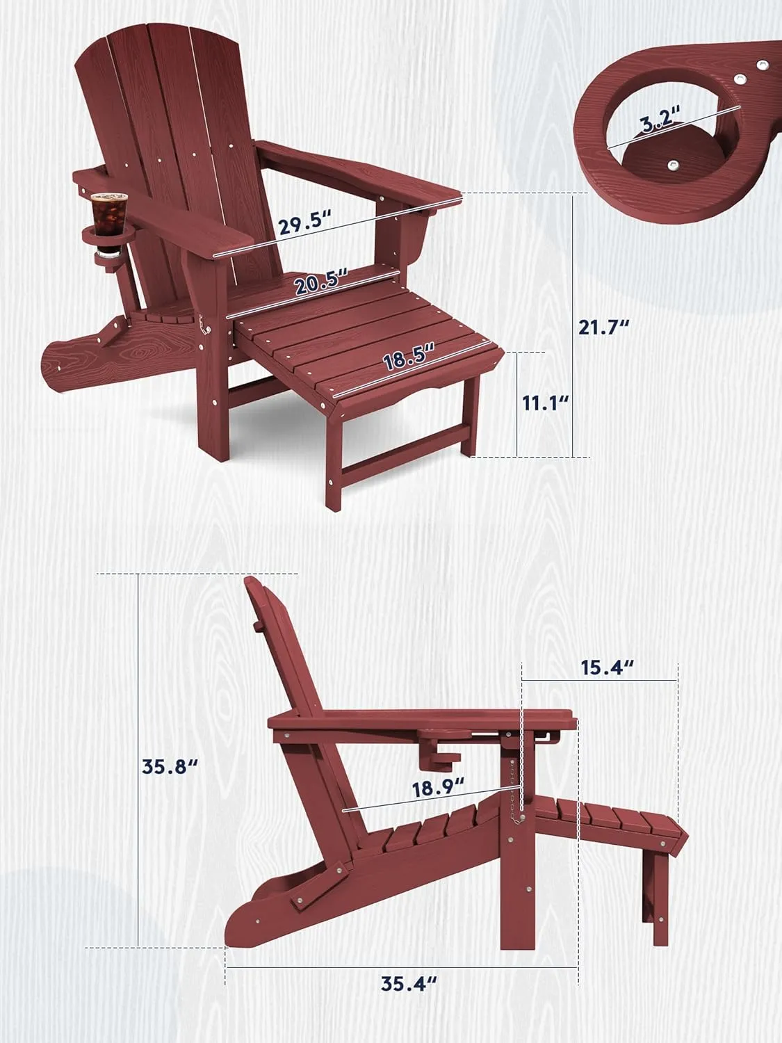 KINGYES Folding Adjustable Adirondack Chair with Ottoman, Red