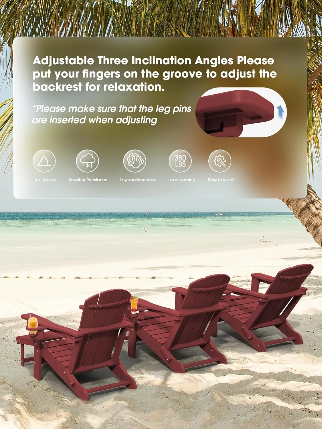 KINGYES Folding Adjustable Adirondack Chair with Ottoman, Red