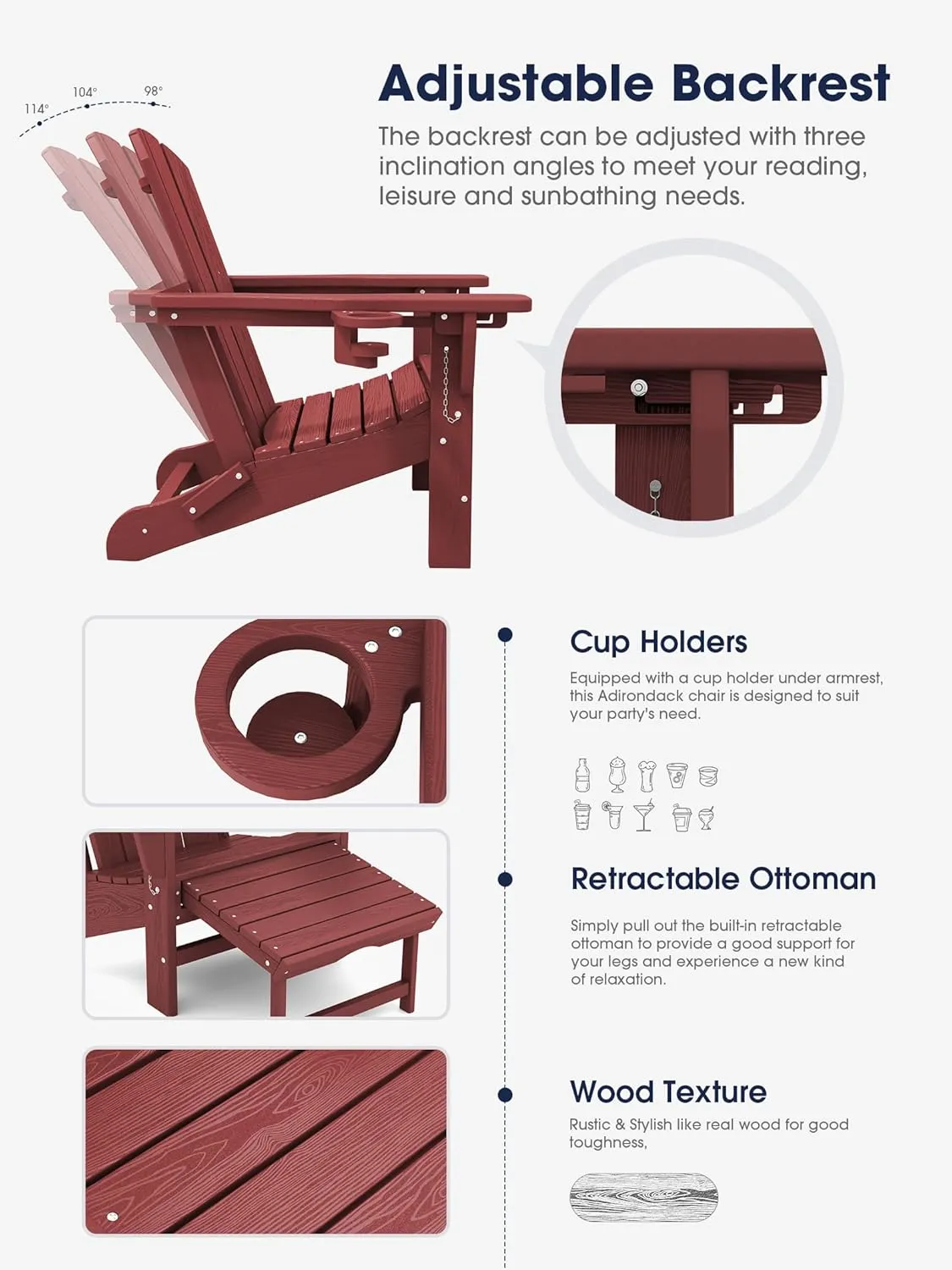 KINGYES Folding Adjustable Adirondack Chair with Ottoman, Red