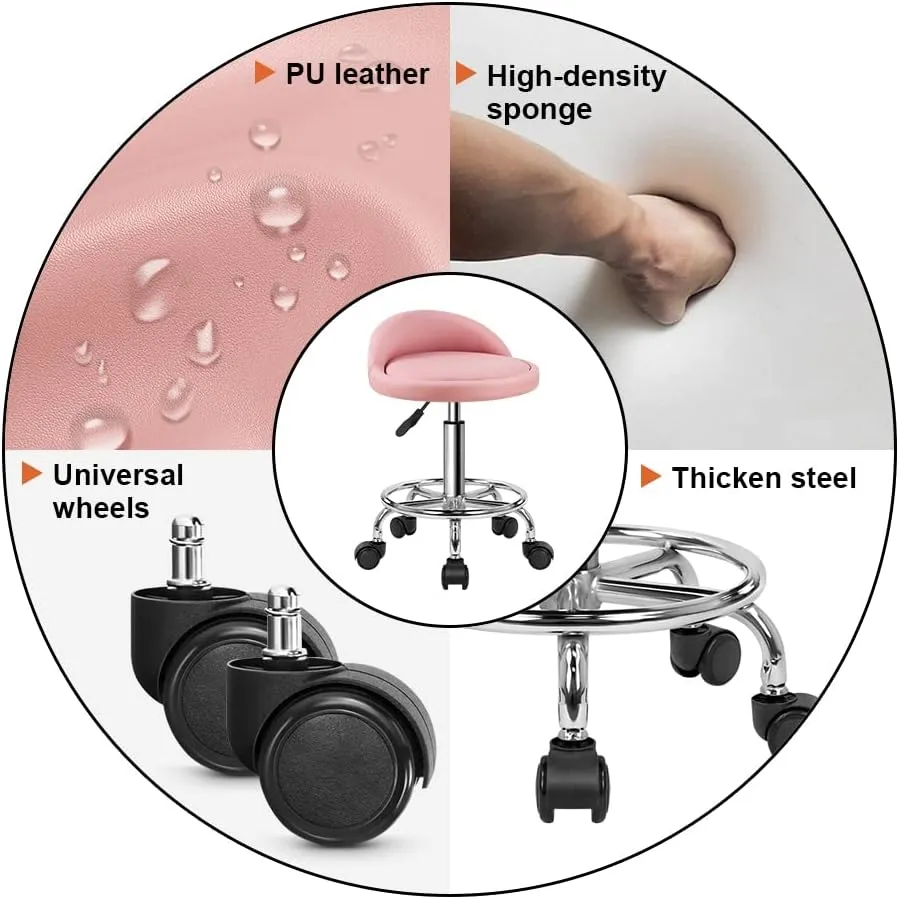 KKTONER PU Leather Round Rolling Stool with Foot Rest Height Adjustable Swivel Drafting Work SPA Task Chair with Wheels (Pink)