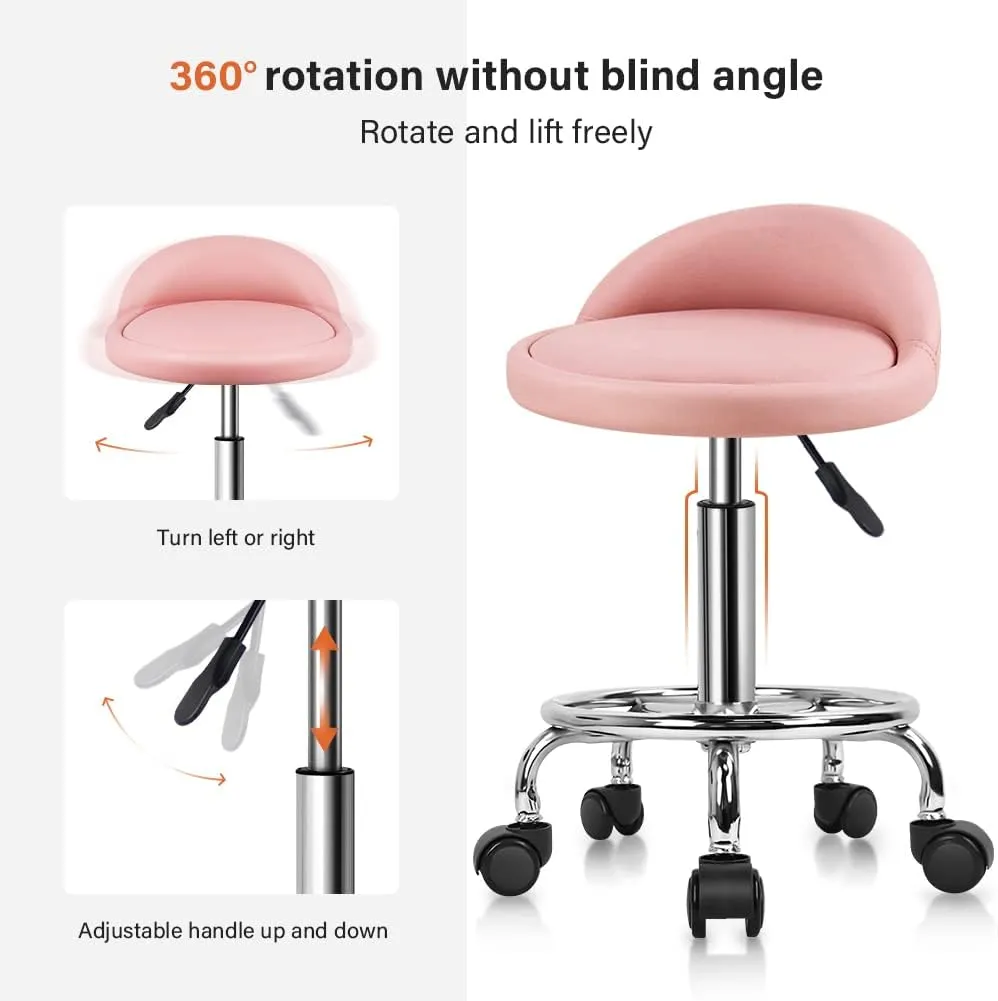KKTONER PU Leather Round Rolling Stool with Foot Rest Height Adjustable Swivel Drafting Work SPA Task Chair with Wheels (Pink)