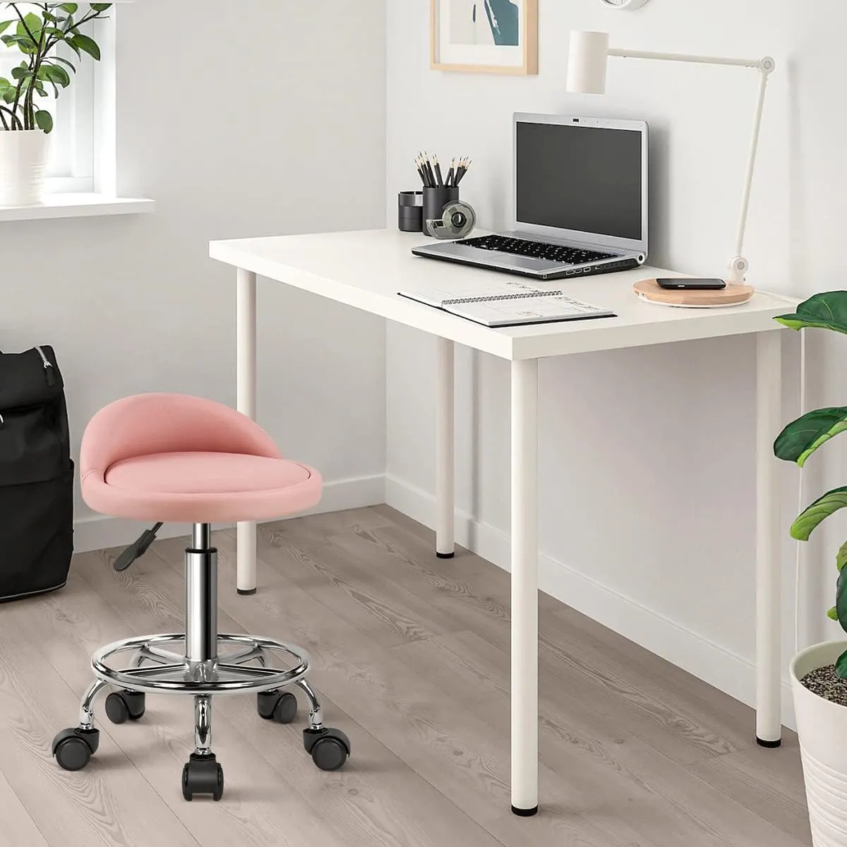 KKTONER PU Leather Round Rolling Stool with Foot Rest Height Adjustable Swivel Drafting Work SPA Task Chair with Wheels (Pink)